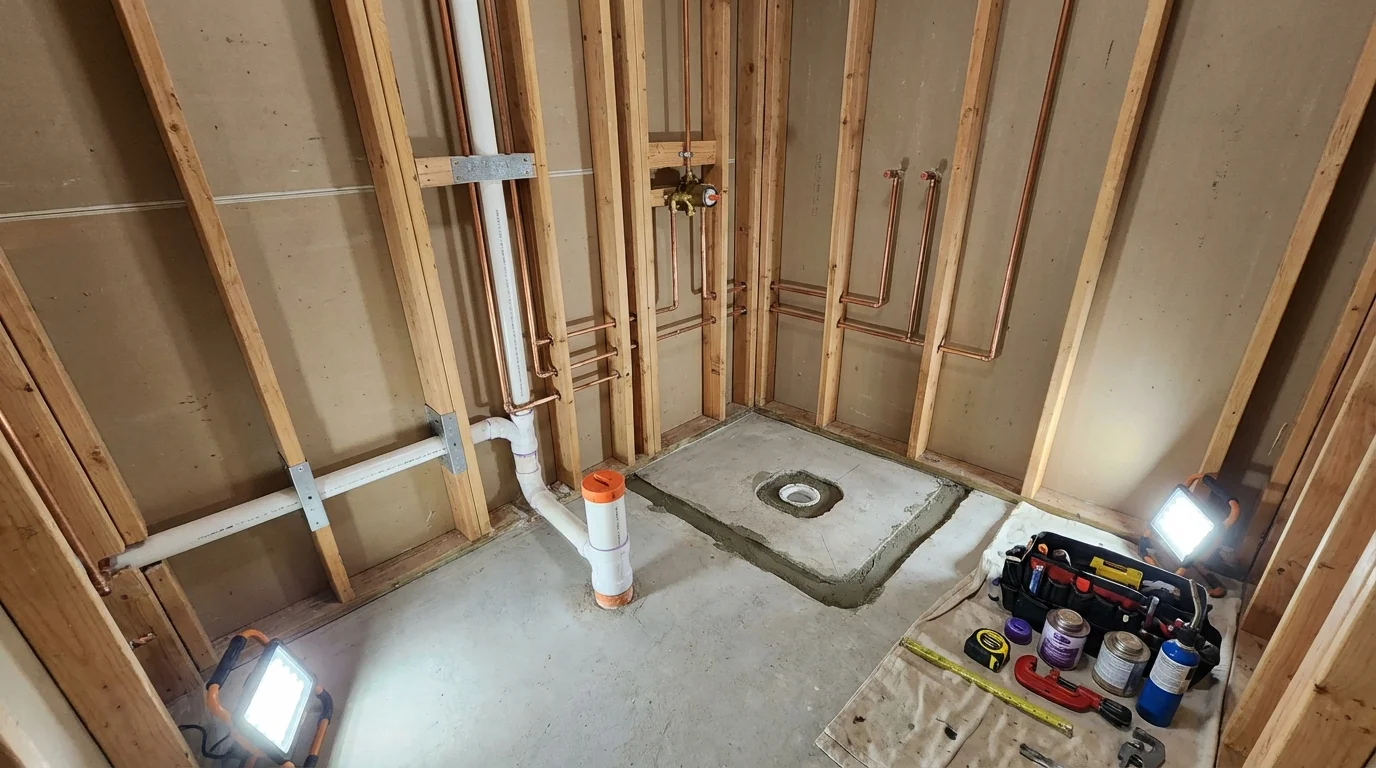 Bathroom rough-in plumbing during remodel by Johns Plumbing LLC in Palermo
