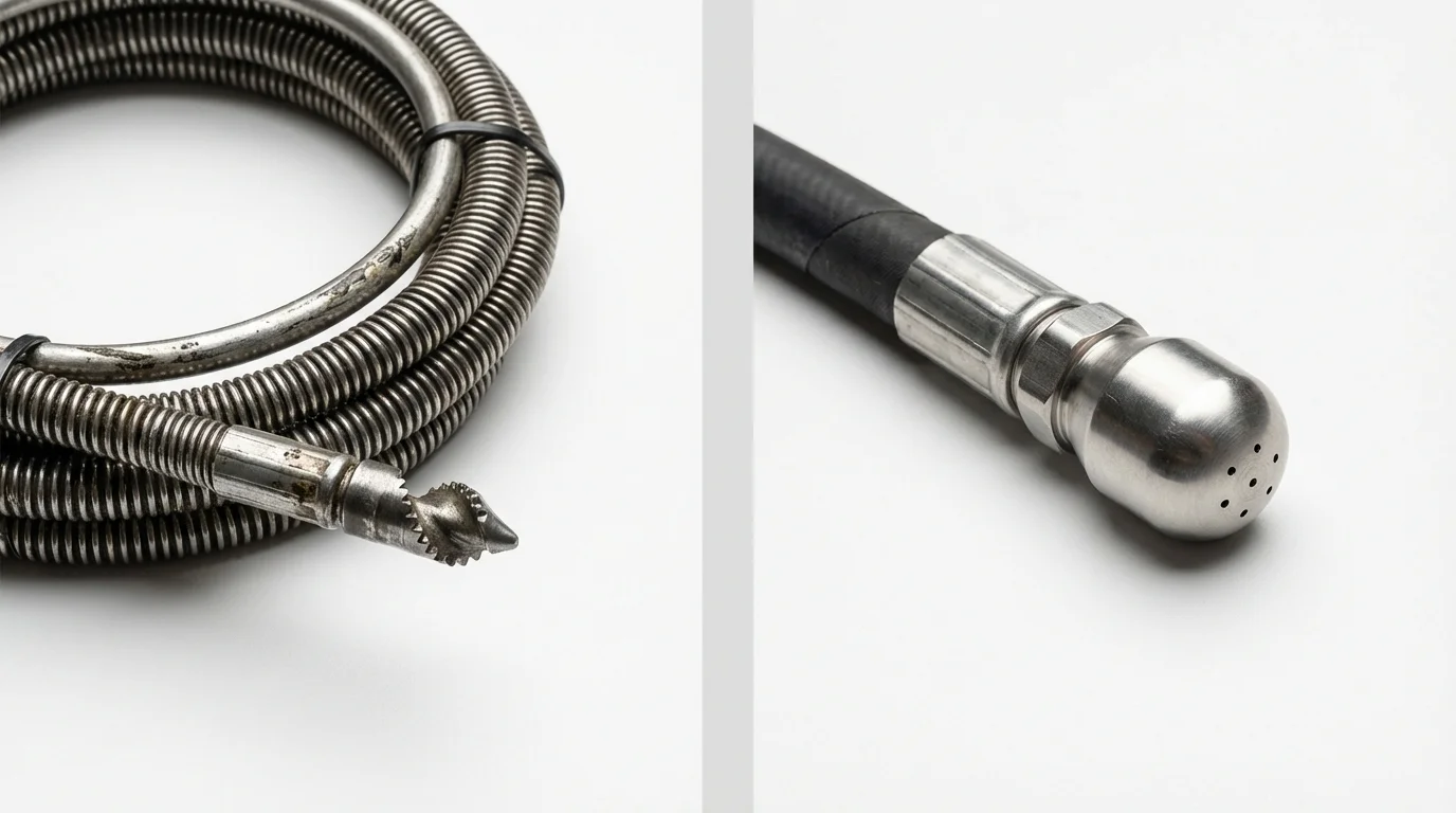 Drain snake cable and hydro jetting nozzle used for drain cleaning in Palermo, CA