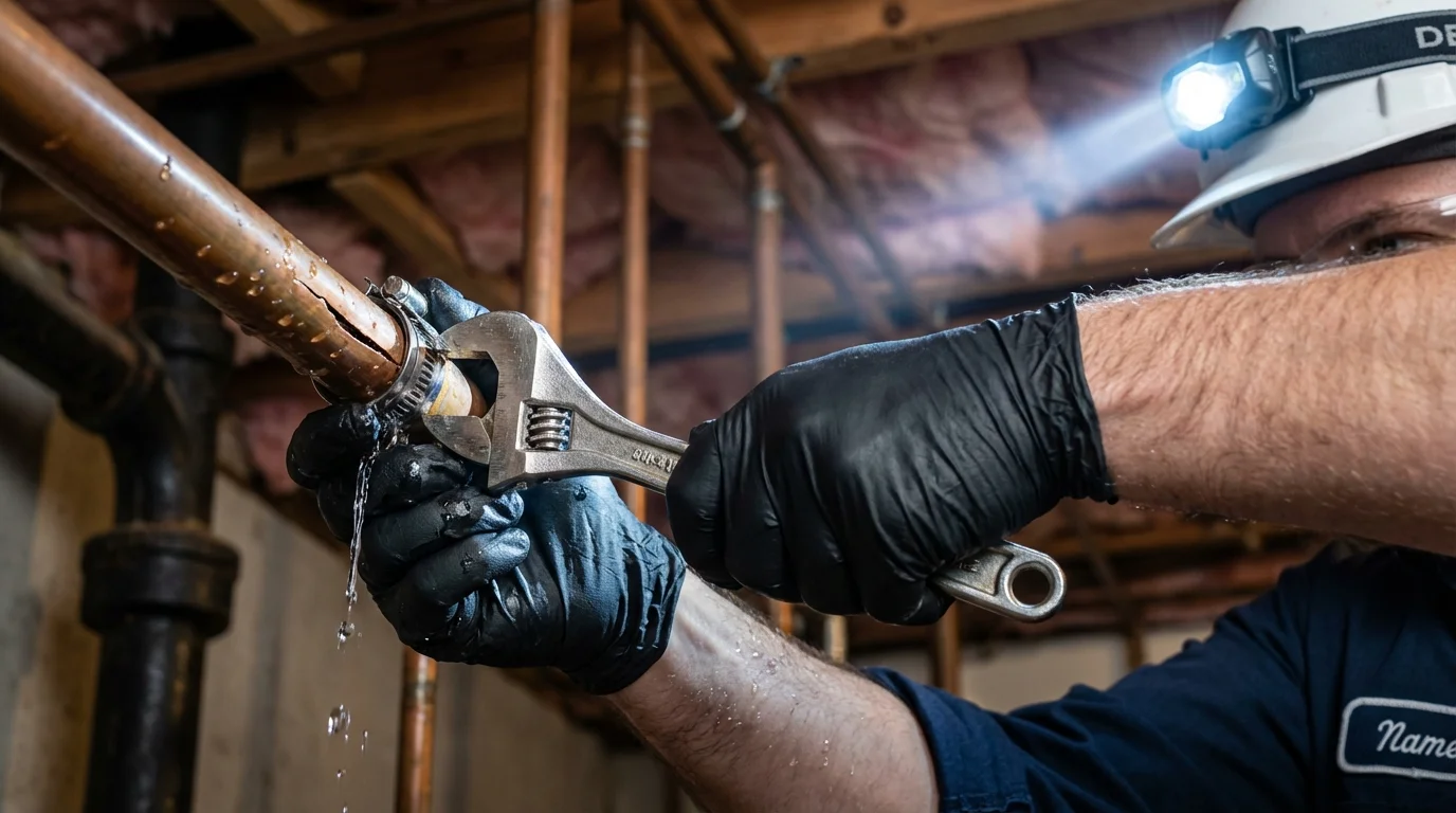 Emergency pipe clamp repair being performed by a Johns Plumbing LLC plumber in Palermo