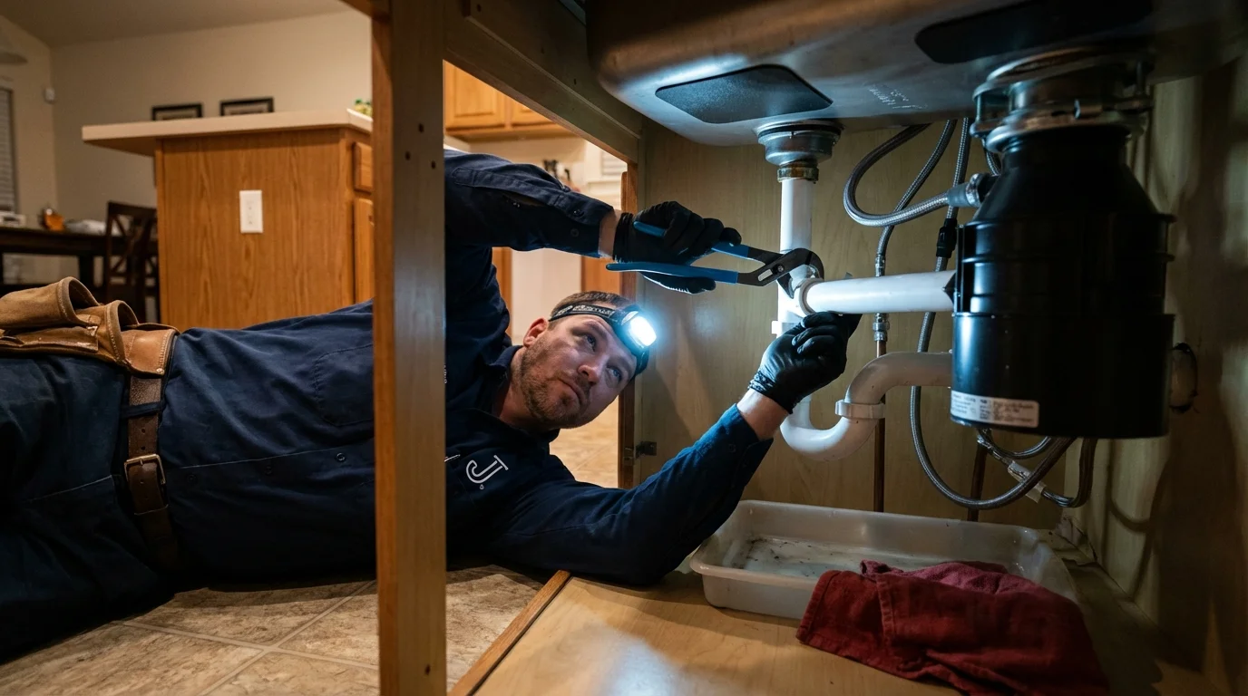 P-trap and supply line connections under a kitchen sink showing a common leak point in Palermo, CA